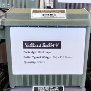 Sellier & Bellot 9mm Luger -115 Grain | FMJ | 1280 fps | 500/ct - Bulk Can | No Tax Outside Texas