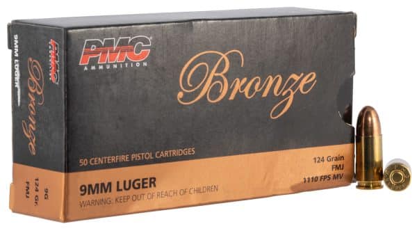 PMC 9G Bronze 9mm Luger Handgun Ammo - 124 Grain | FMG | 1110 fps | 50/Ct | Flat Rate Shipping