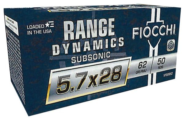 Fiocchi 57SUB62 Range Dynamics Subsonic 5.7x28mm handgun ammo - 62 Grain | FMJ | 1050 fps