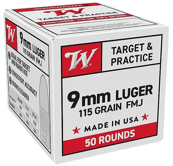 Winchester W9MM50 9mm Luger Handgun Ammo - 115 Grain | FMJ | 1190 fps | 50/Ct