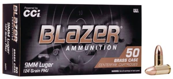 CCI 5201 9mm Luger Blazer Brass Handgun Ammo - 124 Grain | FMJ | 1090 fps | 50/Ct