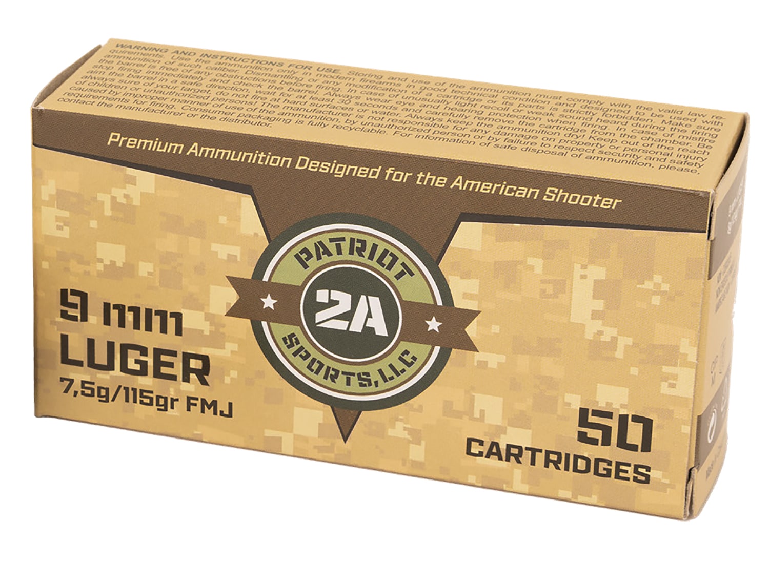 Patriot 9mm Luger Handgun Ammo - 115 Grain | FMJ | 1190 fps | 50/Ct | No Tax Outside Texas